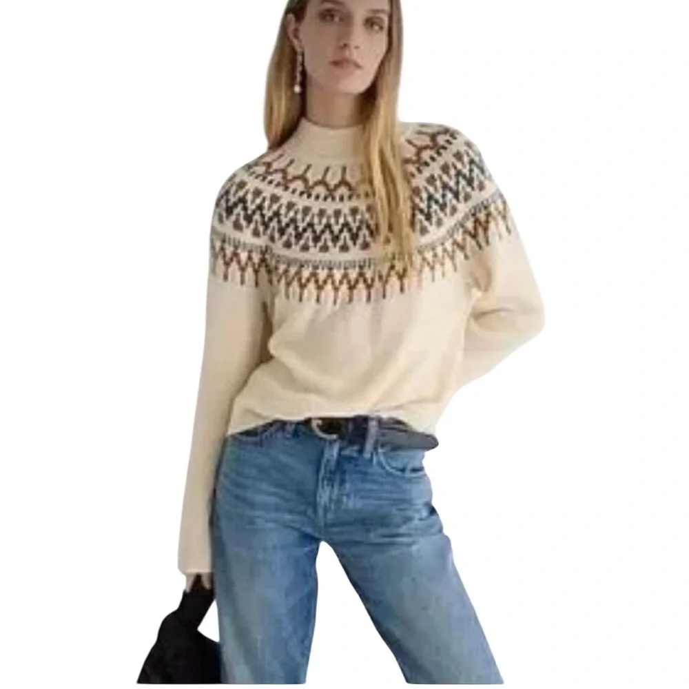 J. Crew Mock Neck Fair Isle Sweater Womens Lamb's Wool Blend Neutral Lodge